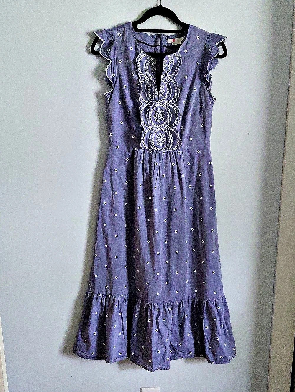 Boden Ruffle Blue Chambray Cotton Eyelet Tiered Sleevless Modest Midi Dress 6